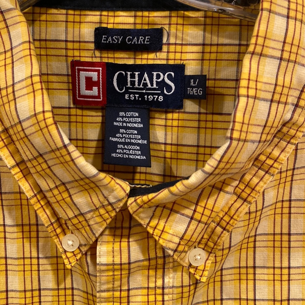 CHAPS EASY CARE button down shirt short sleeve size L mustered yellow checkered